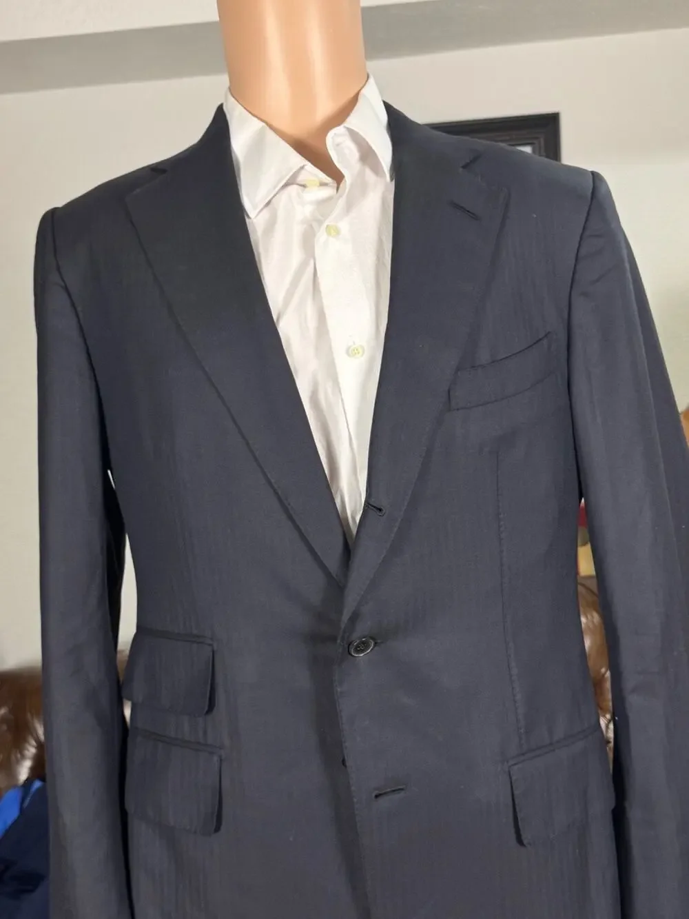 Tom Ford Navy Herringbone Blazer 52EU 42R US Men's Notch Lapel Wool Cashmere
